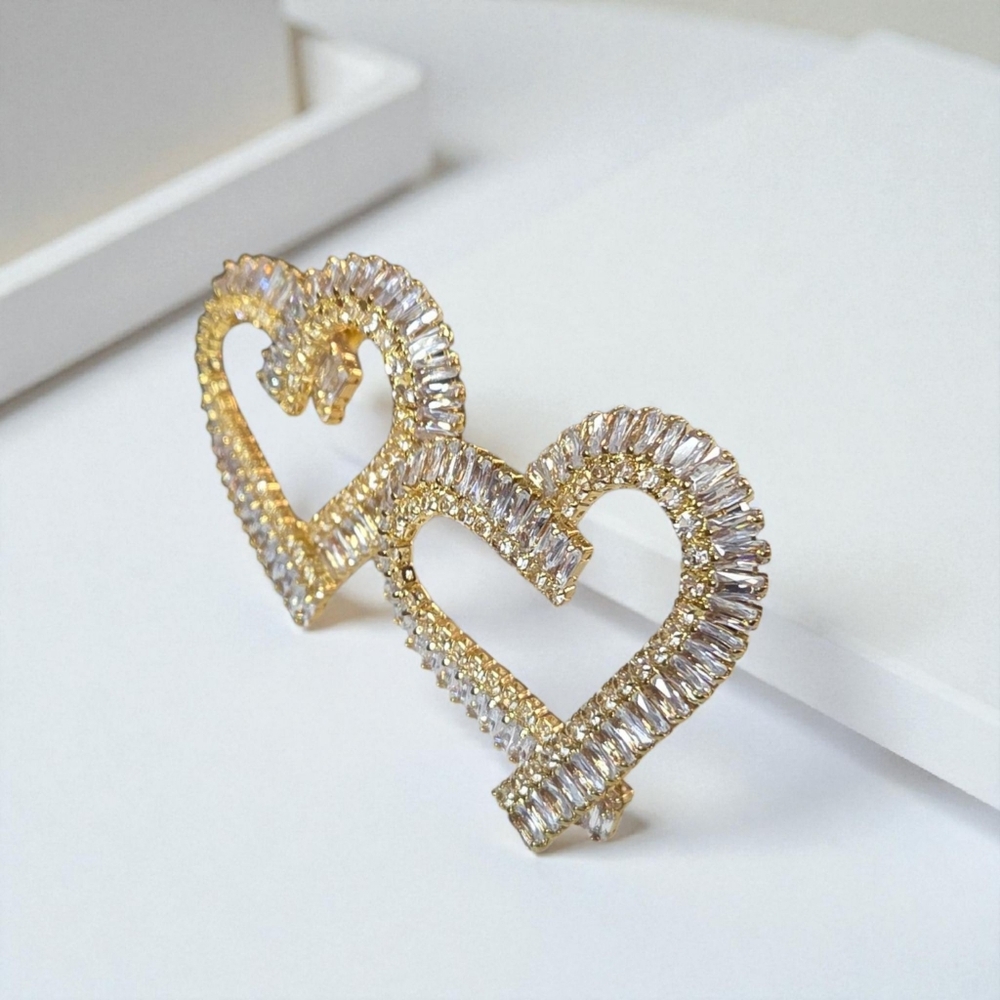 18k Gold Plated Romantic Oversized Zircon Crystal Heart Earrings - Picture 2 of 5